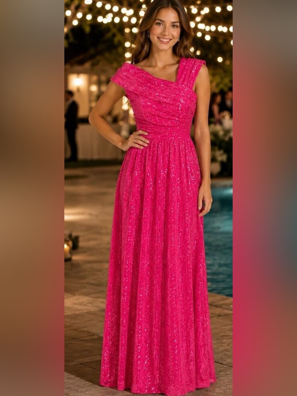 NWT Hot Pink Sequin One Shoulder Gown Formal Prom Pageant Dress Size 2
